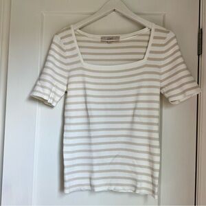 LOFT White and Beige Striped Short Sleeve Knit Sweater